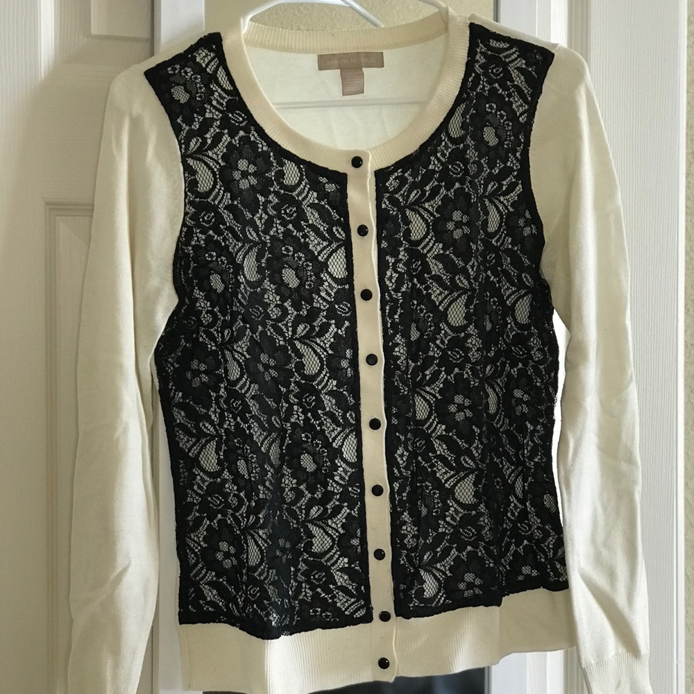 Banana Republic cream and black lace cardigan.